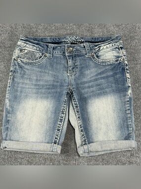 Paisley Sky Thick Stitch Denim Bermuda Shorts 2  Whiskered Y2K McBling Jean